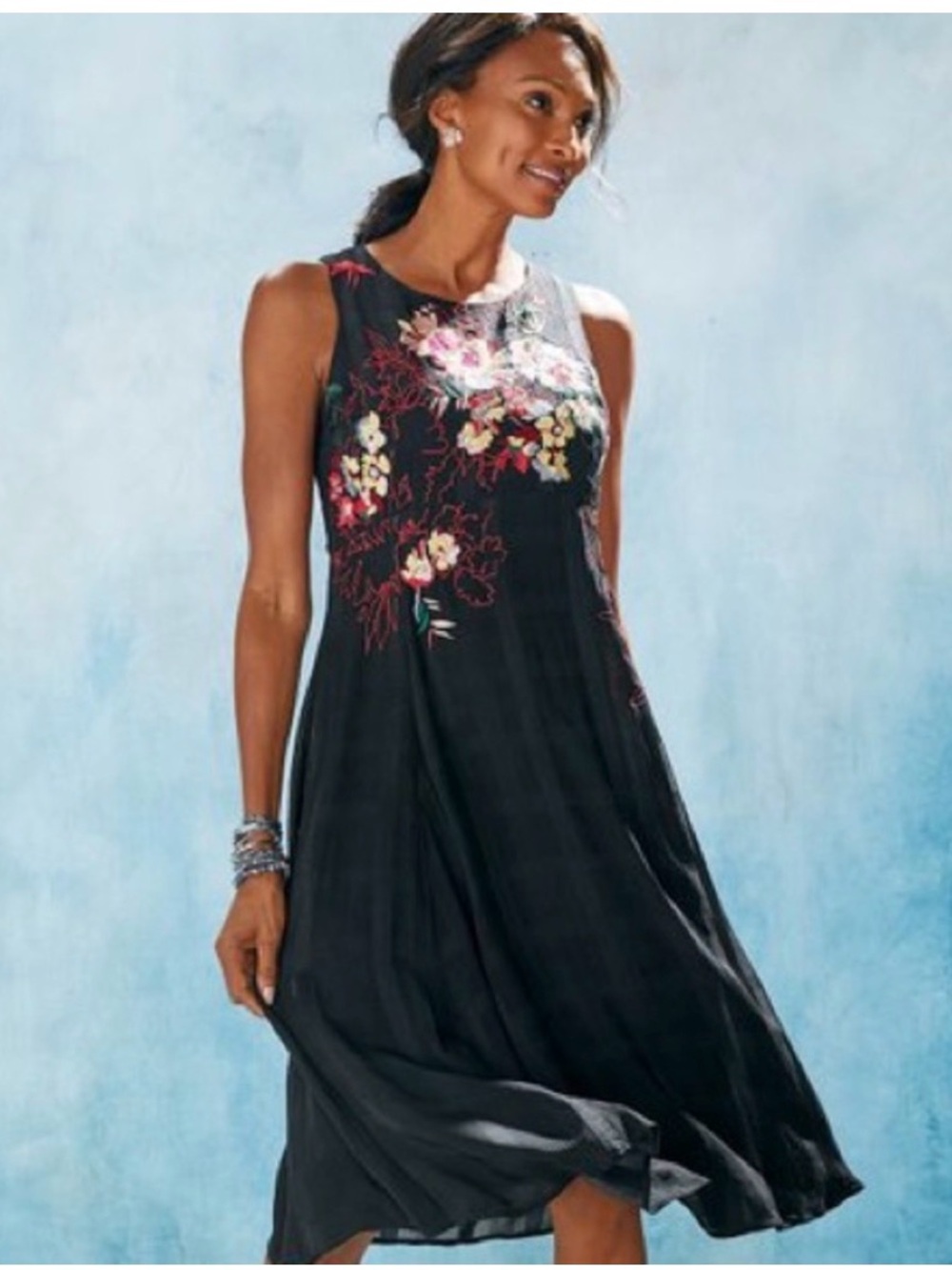 Soft Surroundings Cadenza Dress Black with embroidery floral design
